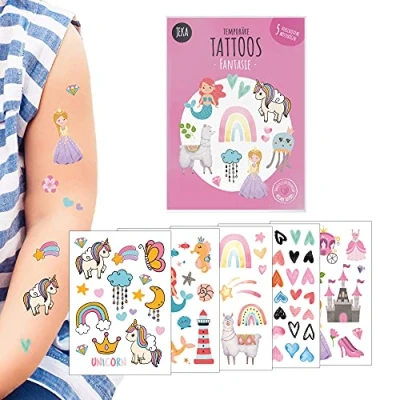 Abbildung von Hautfreundliche Kindertattoos zum Aufkleben Motiv Fantasie, Kinder Tattoo Set mit 5 Bögen, Einhorn Tattoos Kinder, Mädchen, 100% Vegan und Hergestellt in Österreich, JEKA