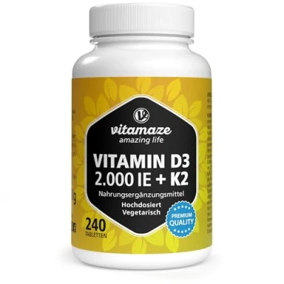 Abbildung von Vitamin D3 K2 2000 IE mit MK7 &gt;99% All Trans Form, 1+ Jahre Vorrat, 240 Tabletten D ohne unnötige Zusatzstoffe, in Deutschland hergestellt