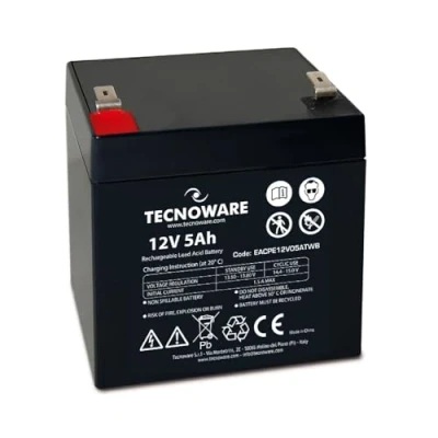 Abbildung von Tecnoware Power Systems Ersatzbatterie für USV, Videoüberwachung und Alarmsysteme, 12V 5Ah Kapazität, Faston Anschluss 6.3 mm, Wartungsfrei, Kompakte Abmessungen 9x10x7 cm, weiß,