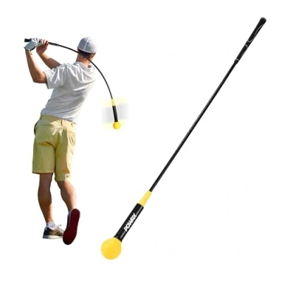 Abbildung von POWRX Golf Schlagtrainer aus robustem Material Langanhaltende Qualität Schwungtrainer, Golfschläger und Übungsgerät für den perfekten Schlag Gelb/Schwarz 120x7 cm