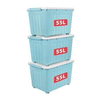Abbildung von Cetomo 55L*3 Aufbewahrungsboxen mit Deckeln, Kunststoff Aufbewahrungsbox Rollen und Clips, Kunststoffbox für Zuhause Büro, BPA frei, Nestbar, Stapelbar, Blau, 55L 3er Pack
