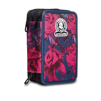 Abbildung von Invicta Federmäppchen, Mäppchen, mehrfarbig, Federtasche für Schreibwaren, Etui mit Stiften, Kugelschreiber, &amp; mehr, 3 Fächer, Mädchen Jungen, Schule Grundschule, XXL ROSES FANTASY rosa