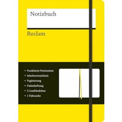 Abbildung von Reclams Notizbuch: Großes Notizbuch (Softcover) im Format A5 mit Gummiband, 140 gepunkteten Seiten, zwei Lesebändchen, Inhaltsverzeichnis, Paginierung und Falttasche Einband