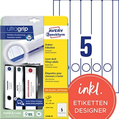 Abbildung von AVERY Zweckform L4758 10 Ordnerrücken Etiketten (50 Rückenschilder mit ultragrip, 38x297mm auf A4, schmal/lang, selbstklebend, absolut blickdicht, bedruckbare Ordneretiketten) Blatt, weiß