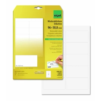 Abbildung von SIGEL LA216 Etiketten selbstklebend, bedruckbar, wieder rückstandsfrei ablösbar, weiß, 96 x 50,8 mm, 250 = 25 Blatt, abgerundet