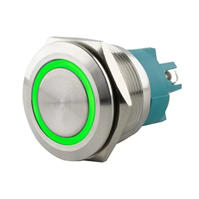 Abbildung von SeKi Edelstahl Drucktaster Ø25mm tastend flacher Kopfform farbig beleuchtetem LED Ring in grün Schraubanschluss; Klingeltaster