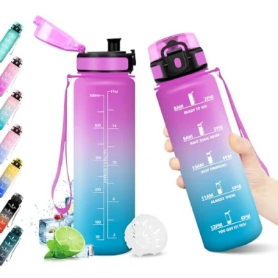 Abbildung von Trinkflasche 500ml, Wasserflasche mit Zeitmarkierung, Filter, Auslaufsicher, BPA frei, Sportflasche für Fitness, Fahrrad, Büro, Schule, Outdoor, Yoga, Erwachsene, Sprudel geeignet