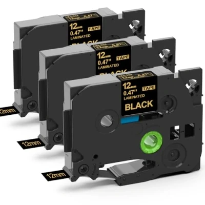Abbildung von 3x MarkField Kompatible Laminiert Schriftband für Brother P Touch Label Maker TZ TZe 334 Bänder Gold auf Schwarz PT H100LB H105 H107B H110 H200 H101TB P300BT Cube D200BW D210 D400 12mm x 8m