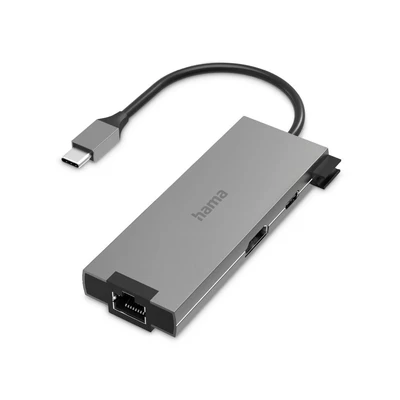Abbildung von Hama USB C Hub 5 Ports (Multiport Adapter 1x HDMI 4K Ultra HD, LAN Gigabit Ethernet, 2x A, zur Übertragung von Daten und zum Laden mit PD, 5in1 für Büro, Homeoffice) Alu