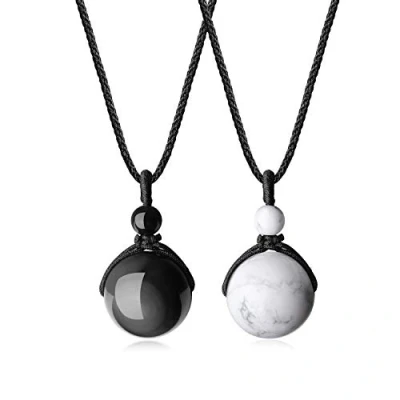 Abbildung von COAI Partnerketten Perle Anhänger aus Obsidian und Howlith Verstellbare Nylonschnur 2pcs