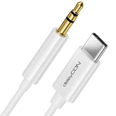 Abbildung von deleyCON 2m USB C zu 3,5 mm Klinke Kabel AUX Klinkenkabel Audio Kompatibel mit Apple Samsung Google Huawei Xiaomi Smartphone Handy Tablet Auto KFZ Kopfhörer Klinkenbuchse Weiß