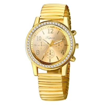 Abbildung von JewelryWe Damenuhr Elastische Leuchtende Uhr: Glitzer Zirkonia Diamant Analog Quarz Armbanduhr Damen Gold Edelstahl Stretch Armband Lässige Uhr mit Zugarmband und Leuchtzeiger