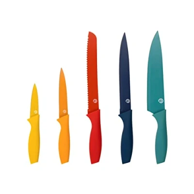 Abbildung von MasterChef Messer Set, Küchen Messerset ink. Kochmesser, Gemüsemesser, Schälmesser, Schneidemesser &amp; Brotmesser, Scharfe Edelstahl, Antihaftbeschichtete, Soft Touch Griffe, 5 teilig, Multicolor