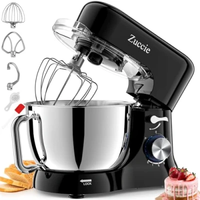 Abbildung von Küchenmaschine, Zuccie Knetmaschine Leise Rührmaschine inkl 5L Edelstahlschüssel 3 Rührwerkzeuge Spritzschutz Teigschaber und Eiertrenner, 8+P Geschwindigkeit Teigmaschine (Schwarz)