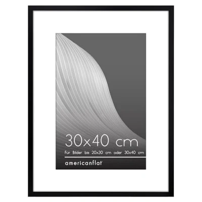 Abbildung von Americanflat 30x40 cm Bilderrahmen in Schwarz mit Plexiglas dünner Rahmen zeigt 20x30 Matte und ohne Horizontale vertikale Formate für die Wand