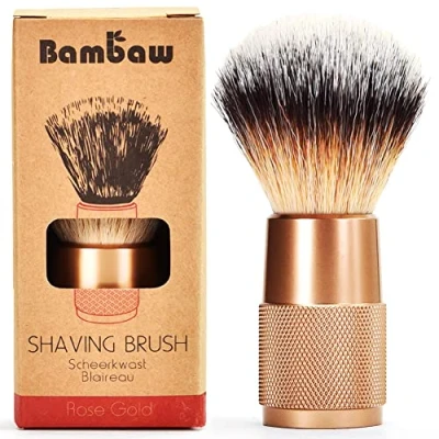 Abbildung von Rasier Pinsel in Rosé Gold Rasierpinsel vegan gegen eingewachsene Haare Zero Waste Damen und Herren Dachshaar Imitat Bambaw
