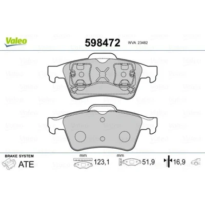 Abbildung von VALEO 598472 Bremsbelagsatz Hinterachse exkl. Verschleißwarnkontakt mit Anti Quietsch Blech RENAULT: ESPACE 4, MEGANE 2, 2 Coupe Cabriolet