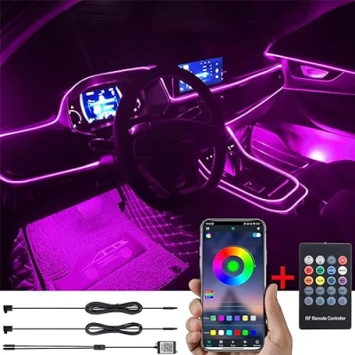 Abbildung von TABEN Auto Umgebungsbeleuchtung Kit 3 m Glasfaser 64 Farben RF Fernbedienung + Bluetooth APP Steuerung USB Atmosphäre Licht, DIY 16 Millionen RGB Mehrfarbig Sound Musik Sync Innenbeleuchtung