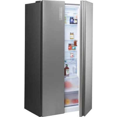 Abbildung von Hisense RS677N4BID Side by Kühl Gefrierkombination/Inverter Kompressor/Flaschenablage/FreshZone/Gemüsefach/Kühlteil 334 l/Gefrierteil 185 l/ 41 dB/ 247 kWh/Jahr, Inox