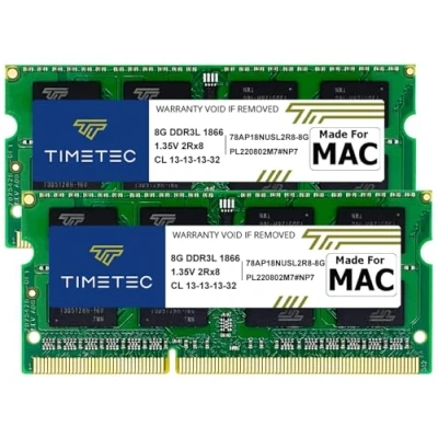 Abbildung von Timetec 16GB KIT(2x8GB) kompatibel für Apple iMac Ende 2015(27 Zoll mit Retina 5K Display) DDR3L 1867MHz/1866MHz PC3L 14900 2Rx8 CL13 1.35V 204 Pin SODIMM Speichermodul MAC RAM Upgrade 17,1