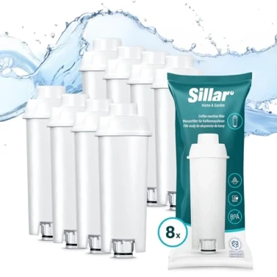 Abbildung von Sillar Wasserfilter 8x für Delonghi Kaffeemaschinen DLSC002, SER3017 &amp; 5513292811 Kompatibel mit ECAM, ESAM, ETAM Serie Passt zu Dinamica, PimaDonna Erhöht die Lebensdauer des Gerätes