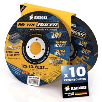 Abbildung von 10x Metall Trennscheibe Ø 125 x 1 22.23mm Die Metalltrennscheibe Metal Racer by AMBOSS WERKZEUGE ist geeignet für Stahl &amp; Edelstahl, Stahl/Inox passend Winkelschleifer