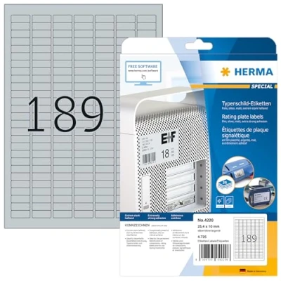 Abbildung von HERMA 4220 Typenschild Folien Etiketten silber, 25 Blatt, x 10 mm, 189 pro A4 Bogen, 4725 Stück, selbstklebend, bedruckbar, wetterfest, blanko Klebeetiketten Aufkleber aus Folie