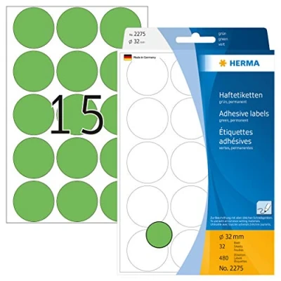 Abbildung von HERMA 2275 Punktaufkleber Klebepunkte grün, 480 Stück, Ø 32 mm, 15 pro Bogen, selbstklebend, Markierungspunkte für Kalender Planer Basteln, matt, blanko Papier Farbpunkte Aufkleber