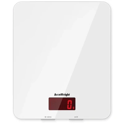 Abbildung von ACCUWEIGHT Digitale Küchenwaage aus Sicherheitsglas Digitalwaage mit LCD Display und großer Wiegefläche Haushaltswaage bis zu 5kg, 1g Teilung, weiß, Tara Funktion