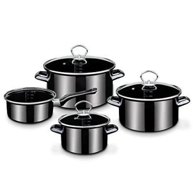 Abbildung von GSW Kochtopf Set Profi Black Star hochwertiges Topfset bestehend aus 3 Töpfen und 1 Kasserolle, inkl. Deckel, auch für Induktion Stahl Emaille, 7 teilig, Schwarz, 4 tlg