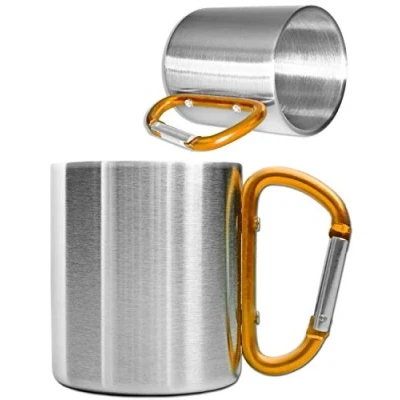 Abbildung von Outdoor Saxx® Robuste Camping Tasse mit Karabiner Griff, Edelstahl, 250 ml (silber/orange)