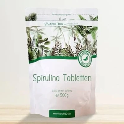 Abbildung von VivaNutria Spirulina Tabletten 500g aus kontrolliertem Anbau I 2000 Presslinge ohne Zusätze rein &amp; natürlich schonend verarbeitet Rohkostqualität vegan
