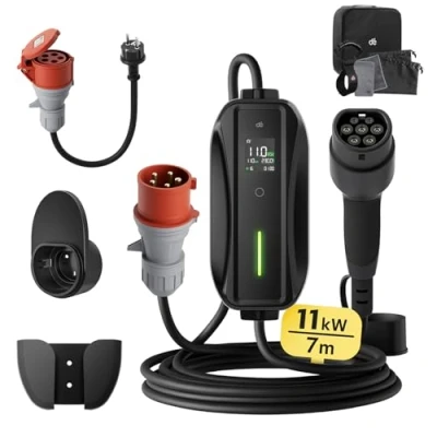 Abbildung von dé Mobile Wallbox/Ladestation 11kW [3 phasig7m6 16A] mit Einstellbarer Ladeleistung, Ladekabel CEE 16A auf Typ 2 und EV Ladegerät für Model Y/3, ID.3/4/5, MG4, EX30, e up, tron, Zoe andere