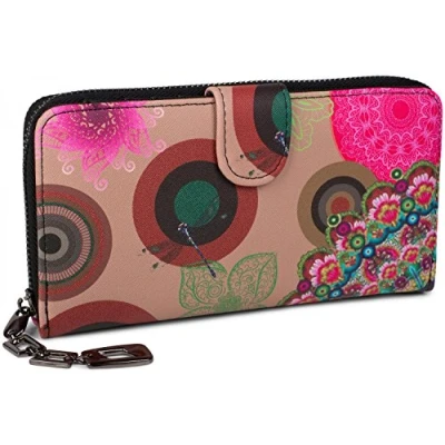 Abbildung von styleBREAKER Damen Geldbörse mit Buntem Blumen Blüten Mandala Muster, Ethno Style, Reißverschluss, Portemonnaie 02040040, Farbe:Schwarz Himbeer Grün Blau Gelb