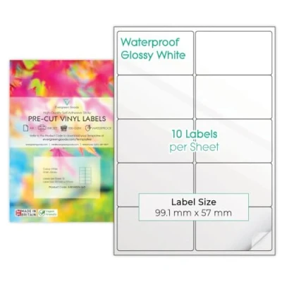 Abbildung von Evergreen Goods 10 Blatt A4 Vinyl (PVC) Mehrzweck Etiketten Glänzend Weiß Vorgeschnittene Selbstklebend Wasserfeste Stickerpapier Für Tintenstrahl drucker (2 X 5 (10 Pro Blatt)