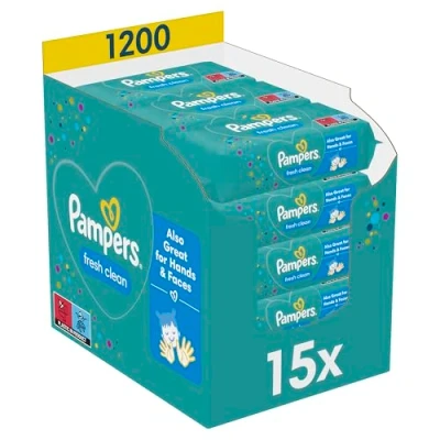 Abbildung von Pampers Fresh Clean Feuchttücher 15 Packungen mit 80 Stück 1200 Feuchttücher, milder Duft, auch für Hände und Gesicht geeignet