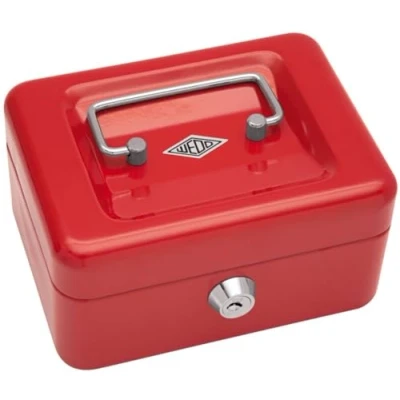Abbildung von Wedo 145102X Geldkassette (aus pulverbeschichtetem Stahl, versenkbarer Griff, 4 Fächer Münzeinsatz, Sicherheits Zylinderschloss, 15,2 x 11,5 8,0 cm) rot