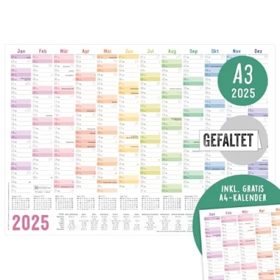 Abbildung von Häfft® Wandkalender 2025 A3 gefalzt (42 x 29,7 cm) &quot;Rainbow&quot; Wandplaner mit Ferien Übersicht und Feiertagen + gratis A4 Kalender nachhaltig &amp; klimafreundlich