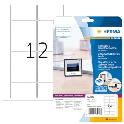 Abbildung von HERMA 5070 Video Etiketten für VHS Kassetten Front, 25 Blatt, 78,7 x 46,6 mm, 12 pro A4 Bogen, 300 Stück, selbstklebend, bedruckbar, matt, blanko Papier Videokassetten Aufkleber, weiß