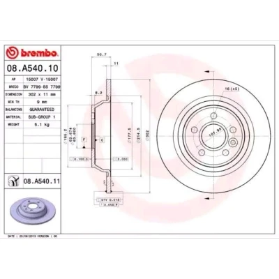 Abbildung von BREMBO Bremsscheibe FORD: Galaxy Mk2 MPV, Focus 2, S Max Mk1, LAND ROVER: Range Rover Evoque 11mm 5 voll 08.A540.10 1379931,1385590,1405500,1864280
