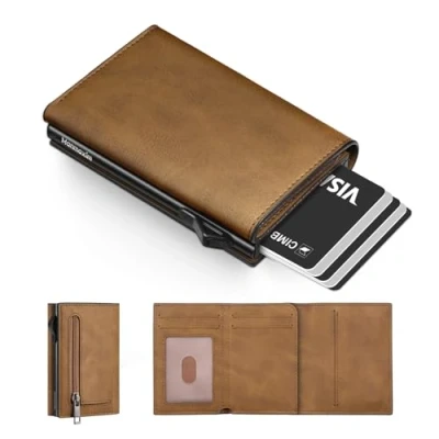 Abbildung von Manmaxim Geldbörse Herren Slim Wallet mit Münzfach, Pop up Kartenetui für 10 Karten, Portmonee RFID Schutz Geldbeutel Karten Portemonnaie Smart Wallets for Men (Braun)
