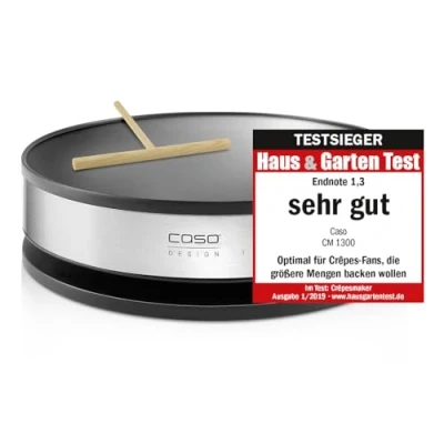 Abbildung von CASO CM 1300 Crêpes Maker, extra große Backfläche (⌀ 33cm), hochwertige Antihaft‐Beschichtung, 8‐Hitzesstufen, praktischer Schieberegler, inkl. Teigverteiler und Crêpes‐Wender aus Holz