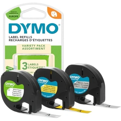 Abbildung von DYMO Original LetraTag Etikettenband Papier/Kunststoff/Metall 12 mm x 4 m selbstklebendes Etiketten für Beschriftungsgerät 3 Etikettenkassetten