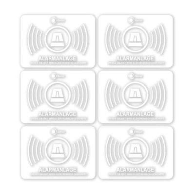 Abbildung von iSecur 6 Alarm gesichert Aufkleber I transparent 5 x 3,5 cm außen klebend UV + wetterfest Hinweis Achtung Anlage weiß hin_360