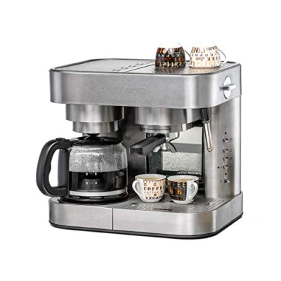 Abbildung von Rommelsbacher Kaffee/Espresso Center EKS 3010 Filterkaffeemaschine, Glaskanne, Siebträger, Filtereinsatz für 1 bzw. 2 Tassen, Düse Milchschaum/Heißwasser, programmierbare Tassenfüllmenge