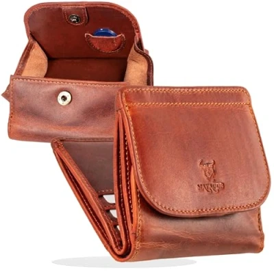 Abbildung von MATADOR Geldbörse Echt Leder Damen Klein Portemonnaie TüV geprüfter RFID &amp; NFC Schutz Geldbeutel Dünne Portmonee Mini Geldtasche Herren Wiener Schachtel inkl Geschenkverpackung (Vintage Braun)