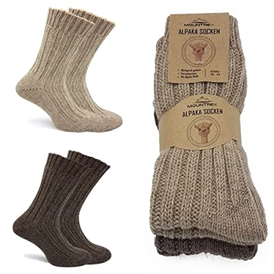 Abbildung von MOUNTREX Alpaka Socken, Wollsocken für Damen, Herren Stricksocken 2 Paar, Beige/Braun (Dick wie gestrickt), 35 38