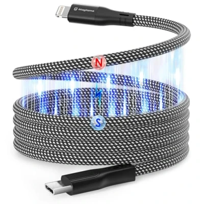 Abbildung von Magtame Magnetic USB C to Lightning Kabel Coiled, 1M MFi Certified USBC Geflochten, Phone Schnellladekabel für 14 13 12 11 Pro Max XR XS X 8 Plus SE Schwarz