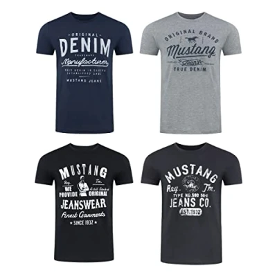 Abbildung von MUSTANG Herren T Shirt 4er Pack Frontprint O Neck Rundhalsausschnitt Kurzarm Regular Tee 100% Baumwolle Schwarz Weiß Grau Blau Grün, Größe:XXL, Farbe:Farbmix (P10)