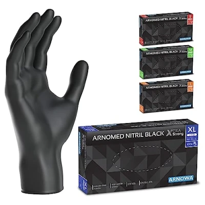 Abbildung von ARNOMED Einweghandschuhe Schwarz Extra Stark, Einmalhandschuhe XL, 50% dickere Nitrilhandschuhe, 100 Stk./Box, Handschuhe Einweg puderfrei, latexfreie Gummihandschuhe, in S, M, L &amp; XL